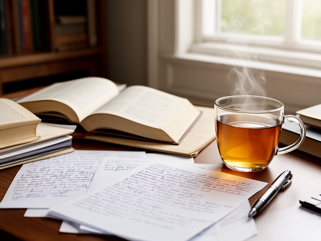 Scrivania di ricerca ordinata con libri aperti, appunti scritti a mano e una tazza di t&egrave; fumante illuminata da luce naturale proveniente da una finestra