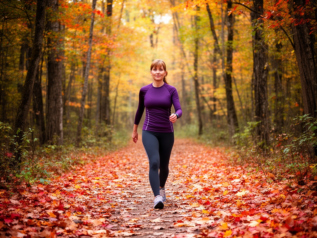 Persona adulta che cammina su un sentiero in un bosco autunnale con foglie colorate cadute a terra, simbolo di uno stile di vita attivo