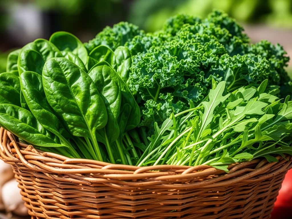 Verdure a foglia verde fresca come spinaci, cavolo riccio e rucola in un cestino di vimini illuminato da luce solare intensa