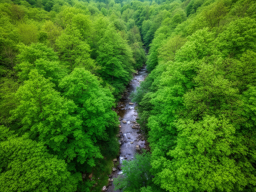 Vista aerea di un bosco verde e rigoglioso con ruscello che simboleggia vitalità naturale e benessere